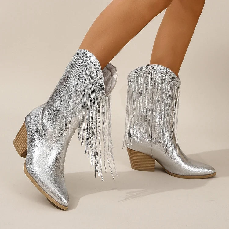 Silberne Cowboystiefel mit Fransen