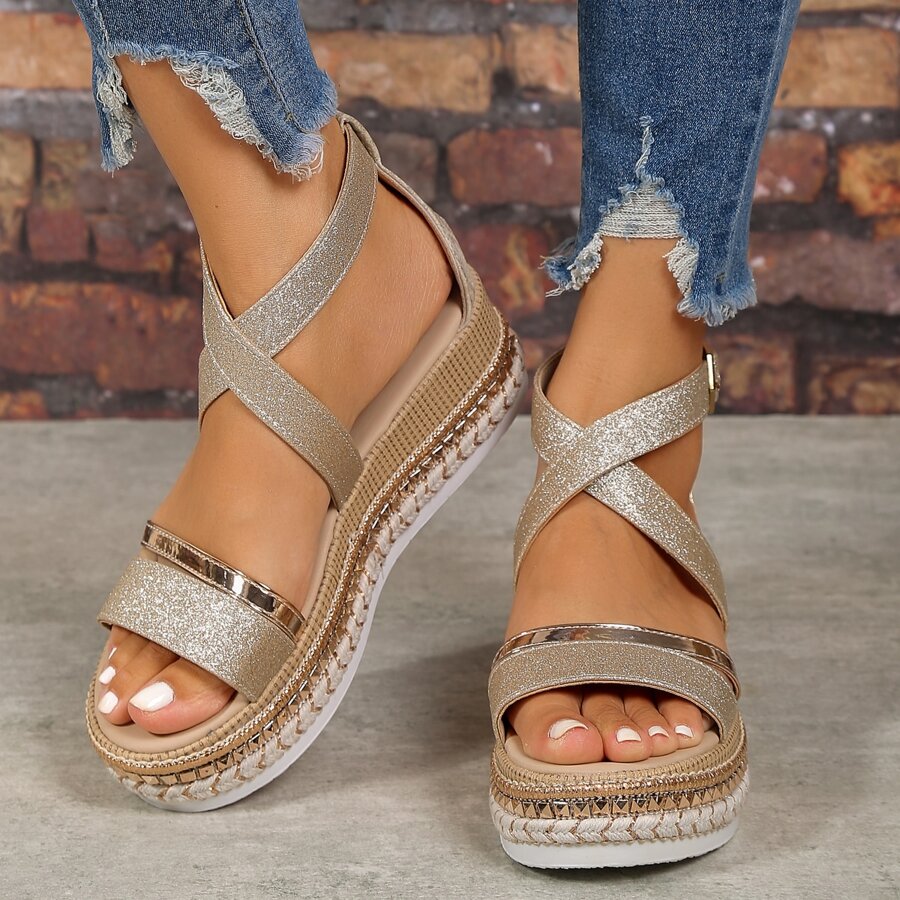 Sandalen Damen – Glitzernde Keilsandalen mit Plateau für den Sommer