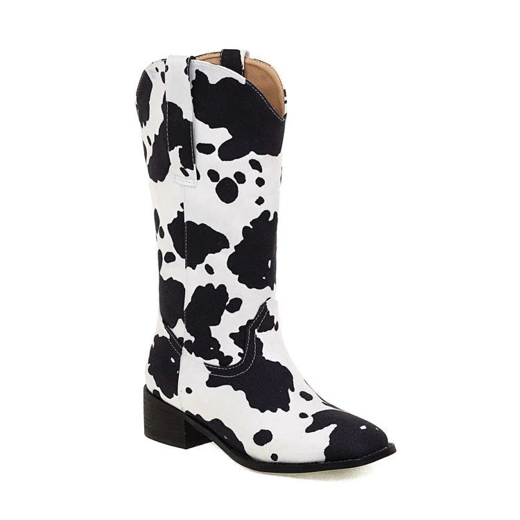 Damen Westernstiefel mit Blockabsatz und Kuhfell-Print