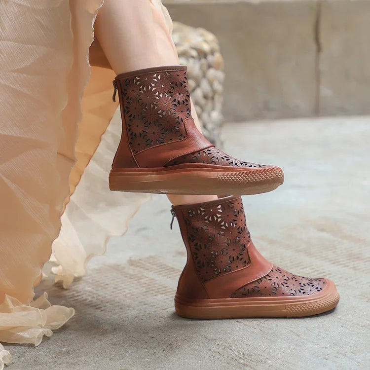 Handgemachte Sommerstiefel aus echtem Leder mit Aussparungen atmungsaktiv mit Reißverschluss kurze Stiefel Beige/Kaffee