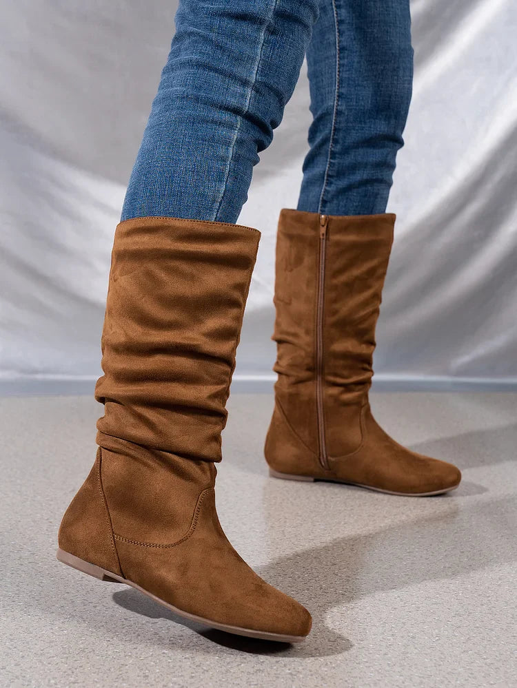 Damenstiefel Wildleder Plissee Flock Fuzzy Niedrige Stiefel für Damen Einfarbig Elegante Stiefel bis zur Mitte der Wade