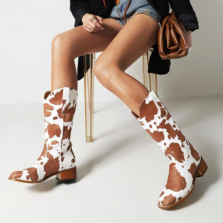 Damen Westernstiefel mit Blockabsatz und Kuhfell-Print