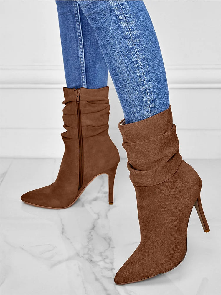 Elegante Spitzschuh Stiefeletten High Heels Samt Wildleder