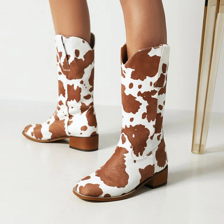 Damen Westernstiefel mit Blockabsatz und Kuhfell-Print