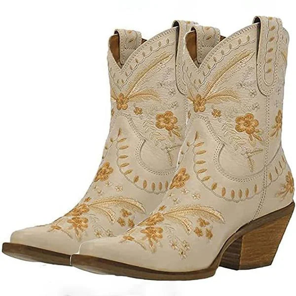 Damen-Stiefeletten mit dicker Sohle und Stickerei