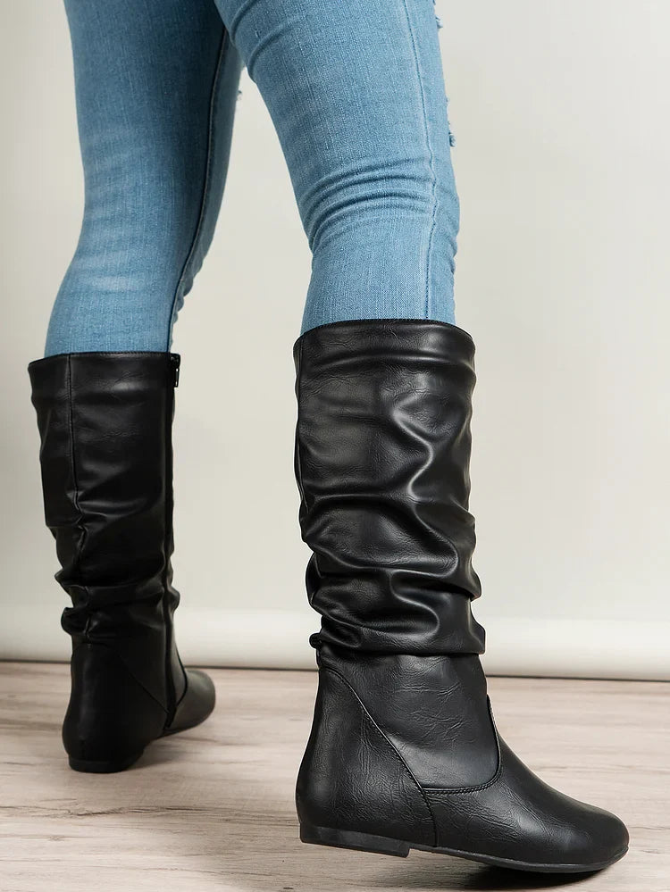 Damenstiefel PU Plissee Flock Fuzzy Niedrige Stiefel für Damen Einfarbig Elegante Stiefel bis zur Mitte der Wade