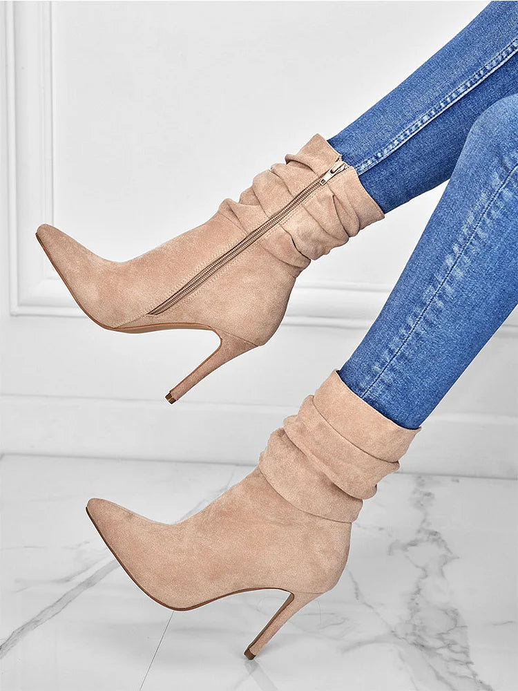 Elegante Spitzschuh Stiefeletten High Heels Samt Wildleder