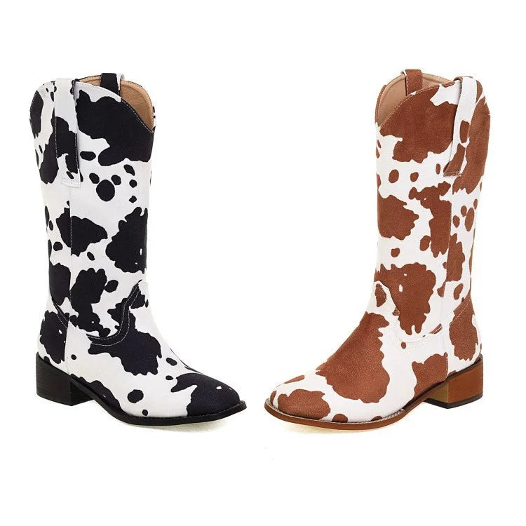 Damen Westernstiefel mit Blockabsatz und Kuhfell-Print