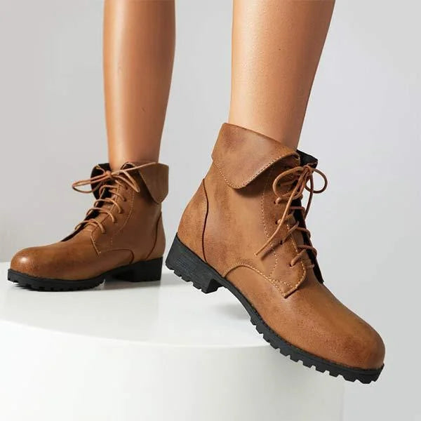 Damen Martin-Stiefel mit Umlegekragen und überkreuztem Patchwork-Schnürsystem