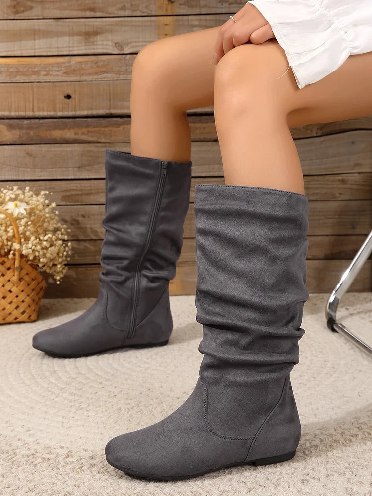 Damenstiefel Wildleder Plissee Flock Fuzzy Niedrige Stiefel für Damen Einfarbig Elegante Stiefel bis zur Mitte der Wade