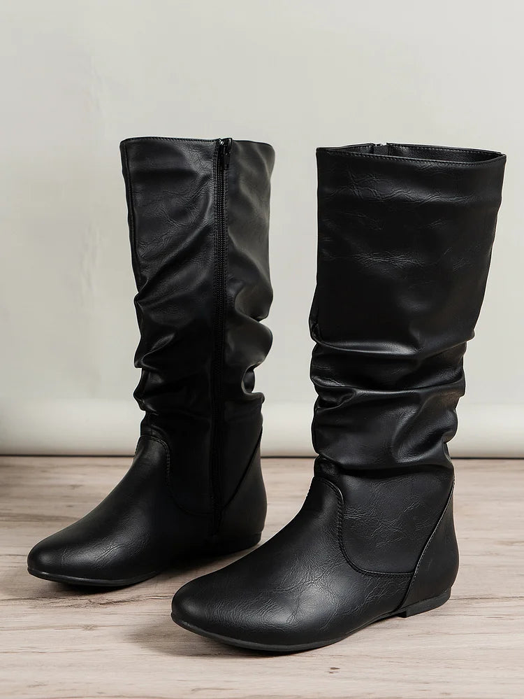 Damenstiefel PU Plissee Flock Fuzzy Niedrige Stiefel für Damen Einfarbig Elegante Stiefel bis zur Mitte der Wade