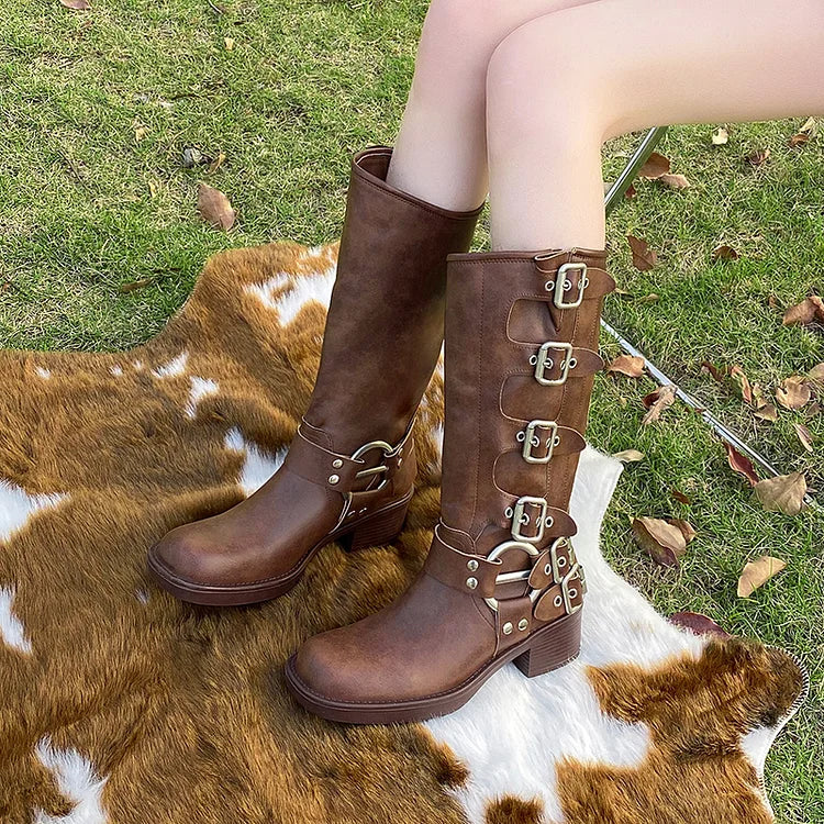 Damen Stiefeletten mit runder Zehenpartie aus PU mit Wadenschnalle und Retro-Western-Gothic-Stil