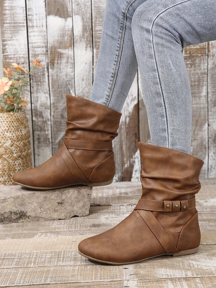 Flache Stiefeletten Damen Slouch Boots Low Heel Booties Herbst Slouchy Boots