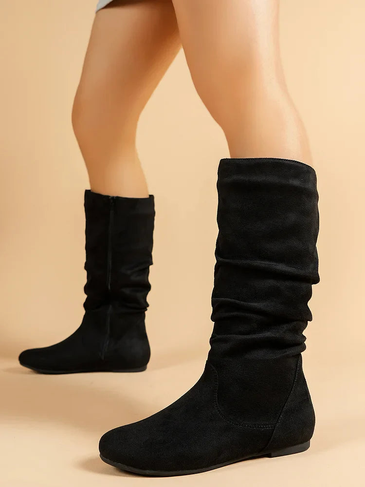 Damenstiefel Wildleder Plissee Flock Fuzzy Niedrige Stiefel für Damen Einfarbig Elegante Stiefel bis zur Mitte der Wade