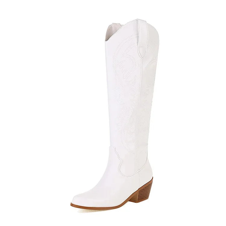 Footwearstorm – Weiße kniehohe Stiefel mit spitzer Spitze