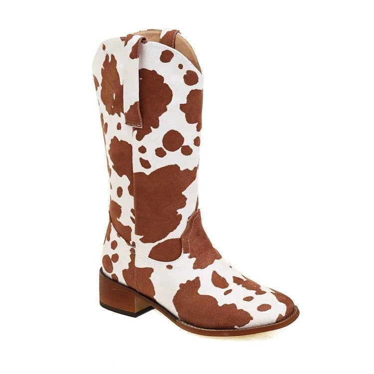Damen Westernstiefel mit Blockabsatz und Kuhfell-Print