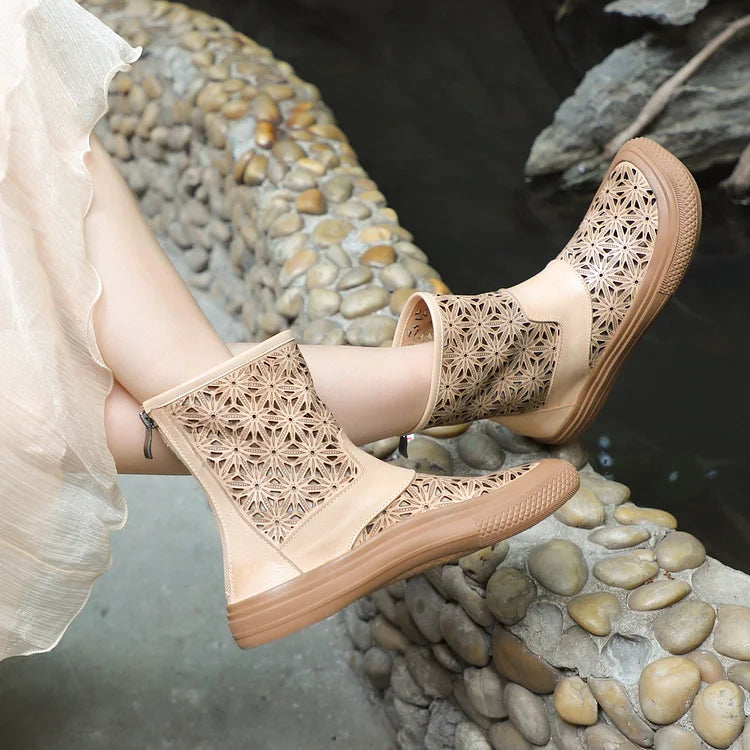 Handgemachte Sommerstiefel aus echtem Leder mit Aussparungen atmungsaktiv mit Reißverschluss kurze Stiefel Beige/Kaffee