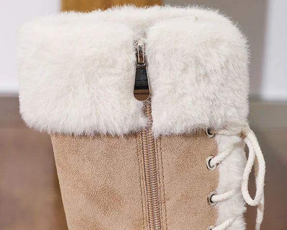 Damen Retro-Schnürstiefel aus Samt mit dicker Sohle und warmer Wadenhöhe