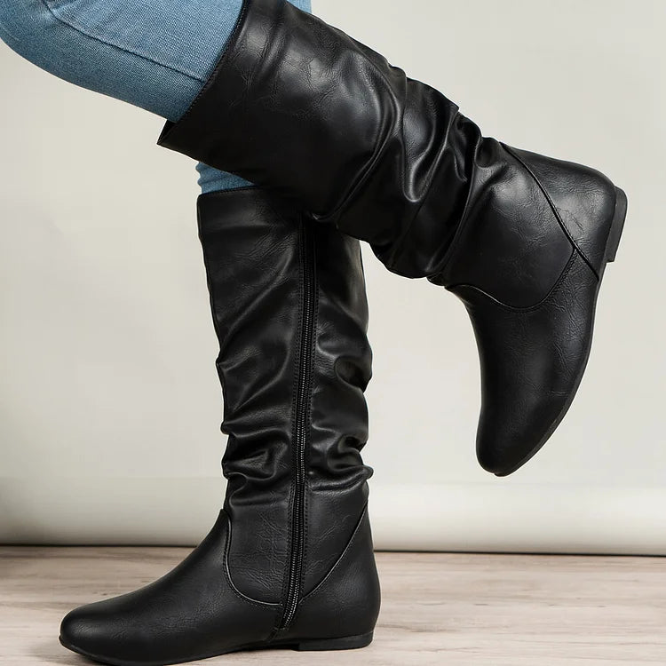 Damenstiefel PU Plissee Flock Fuzzy Niedrige Stiefel für Damen Einfarbig Elegante Stiefel bis zur Mitte der Wade