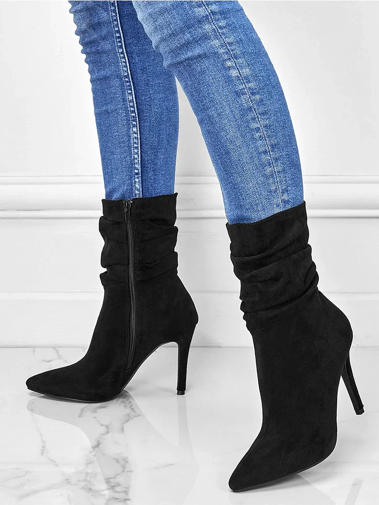 Elegante Spitzschuh Stiefeletten High Heels Samt Wildleder