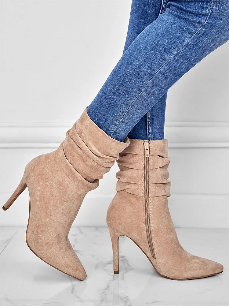 Elegante Spitzschuh Stiefeletten High Heels Samt Wildleder