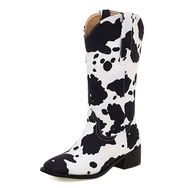 Damen Westernstiefel mit Blockabsatz und Kuhfell-Print