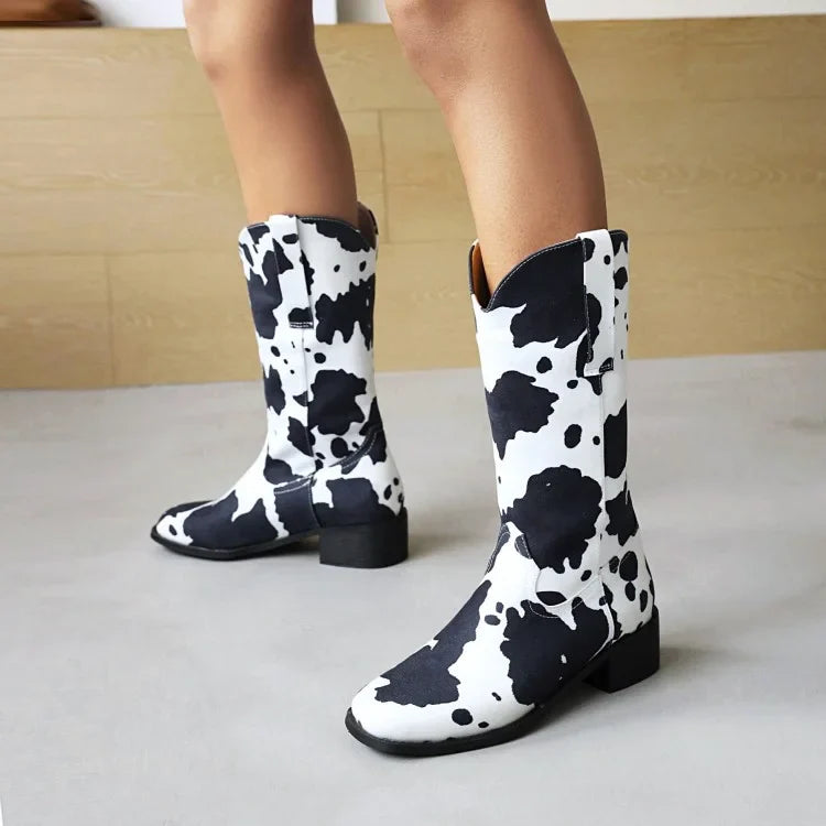 Damen Westernstiefel mit Blockabsatz und Kuhfell-Print