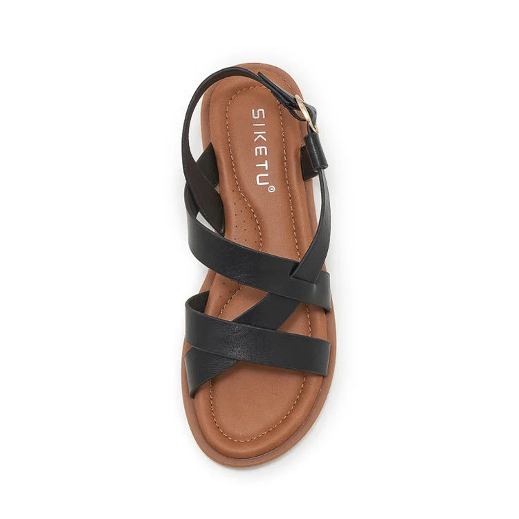 Gladiatorsandalen aus Leder für Damen mit flacher seitlicher Schnalle