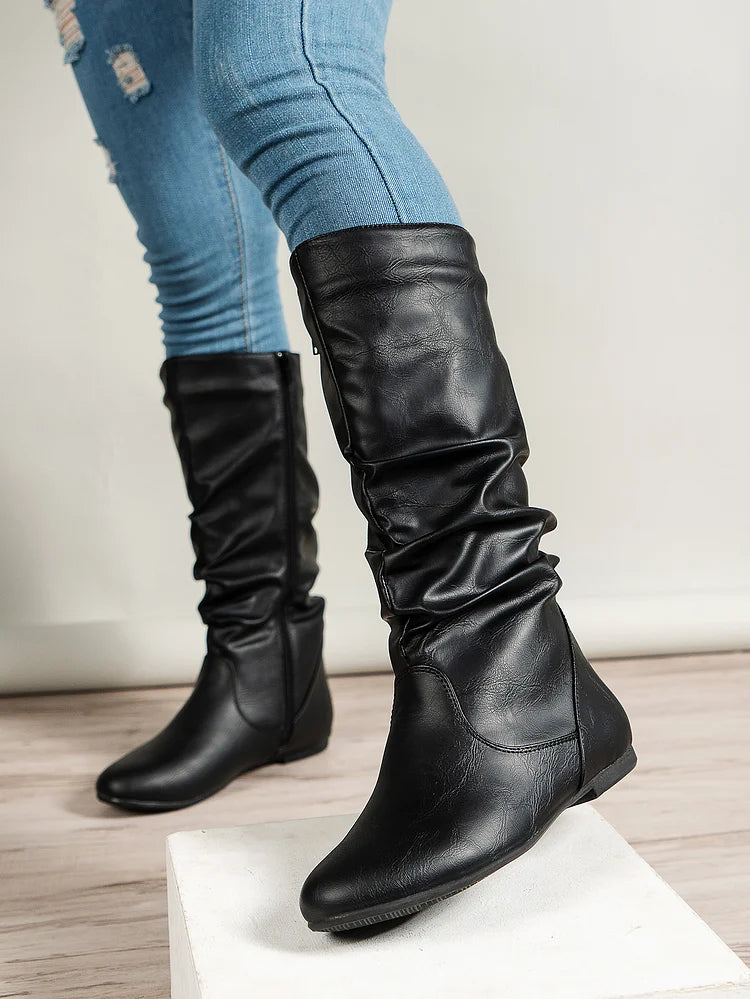 Damenstiefel PU Plissee Flock Fuzzy Niedrige Stiefel für Damen Einfarbig Elegante Stiefel bis zur Mitte der Wade