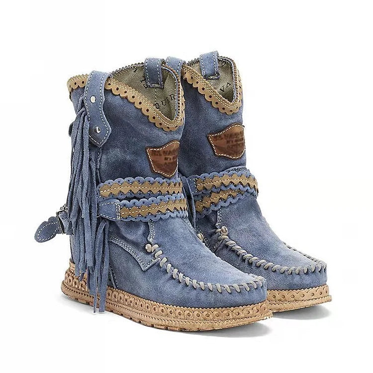 Damenstiefel aus Retro-Leder mit runder Zehenpartie und flachem Absatz und Quaste