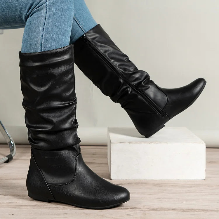 Damenstiefel PU Plissee Flock Fuzzy Niedrige Stiefel für Damen Einfarbig Elegante Stiefel bis zur Mitte der Wade