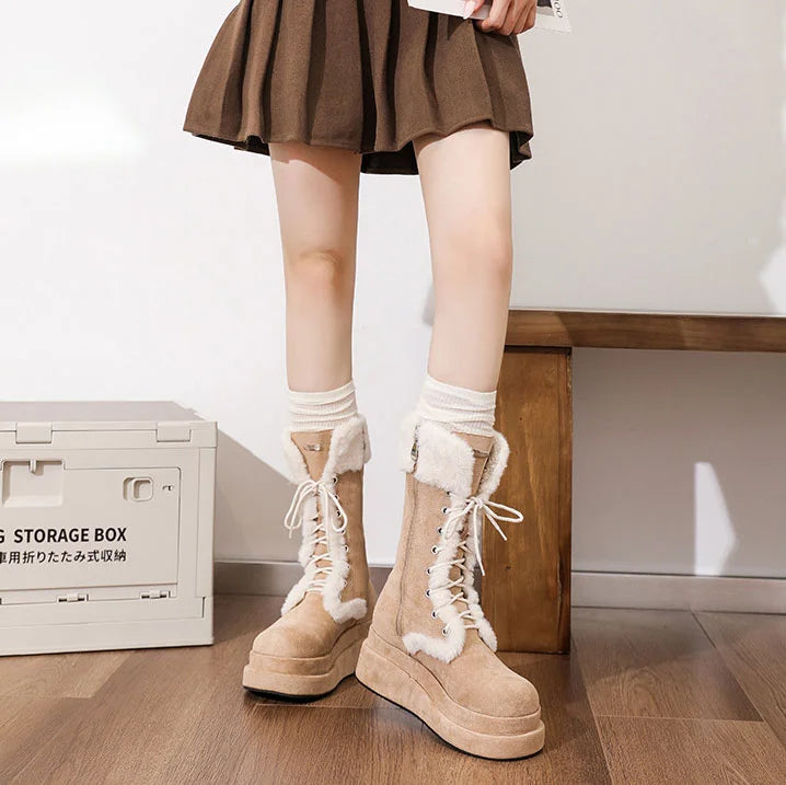 Damen Retro-Schnürstiefel aus Samt mit dicker Sohle und warmer Wadenhöhe