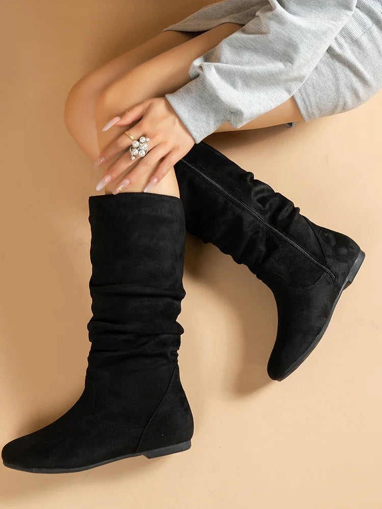 Damenstiefel Wildleder Plissee Flock Fuzzy Niedrige Stiefel für Damen Einfarbig Elegante Stiefel bis zur Mitte der Wade