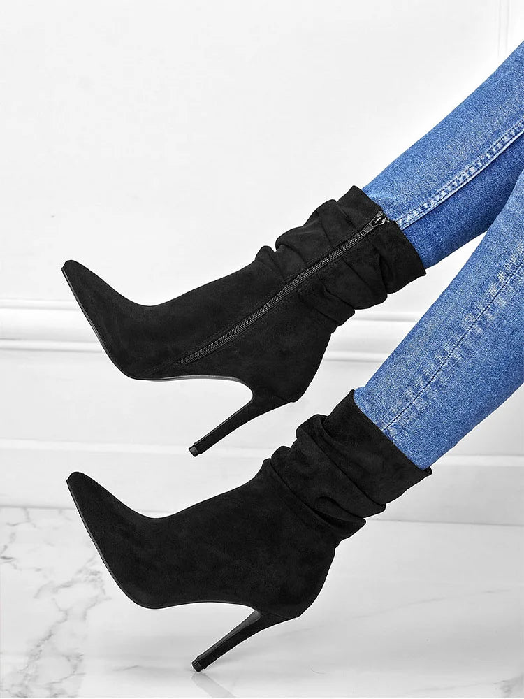 Elegante Spitzschuh Stiefeletten High Heels Samt Wildleder