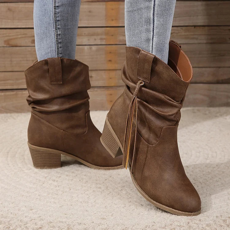 Damenstiefel mit plissierten Quasten und hohem Absatz wadenlang lockere Socken