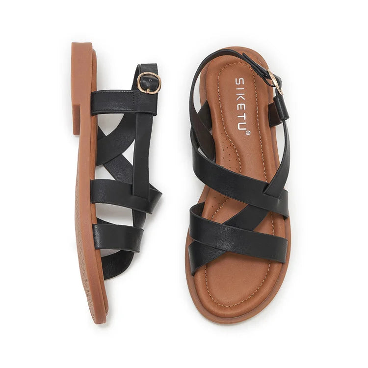 Gladiatorsandalen aus Leder für Damen mit flacher seitlicher Schnalle