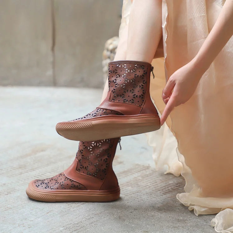 Handgemachte Sommerstiefel aus echtem Leder mit Aussparungen atmungsaktiv mit Reißverschluss kurze Stiefel Beige/Kaffee