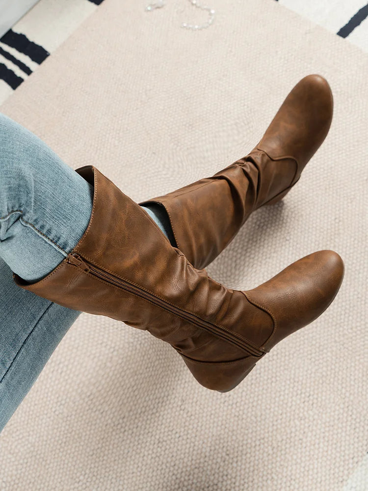 Damenstiefel PU Plissee Flock Fuzzy Niedrige Stiefel für Damen Einfarbig Elegante Stiefel bis zur Mitte der Wade