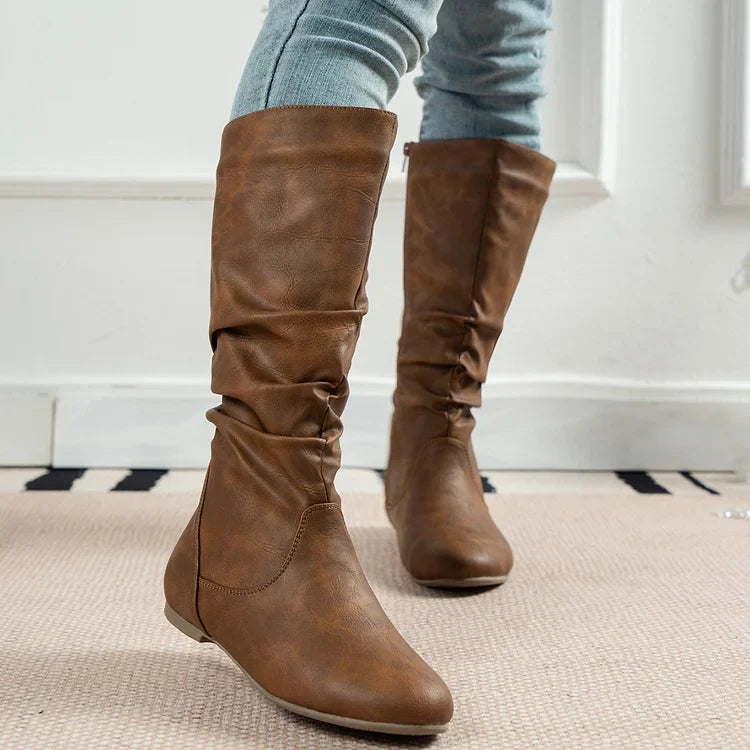Damenstiefel PU Plissee Flock Fuzzy Niedrige Stiefel für Damen Einfarbig Elegante Stiefel bis zur Mitte der Wade