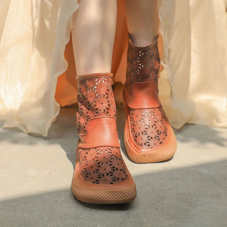Handgemachte Sommerstiefel aus echtem Leder mit Aussparungen atmungsaktiv mit Reißverschluss kurze Stiefel Beige/Kaffee
