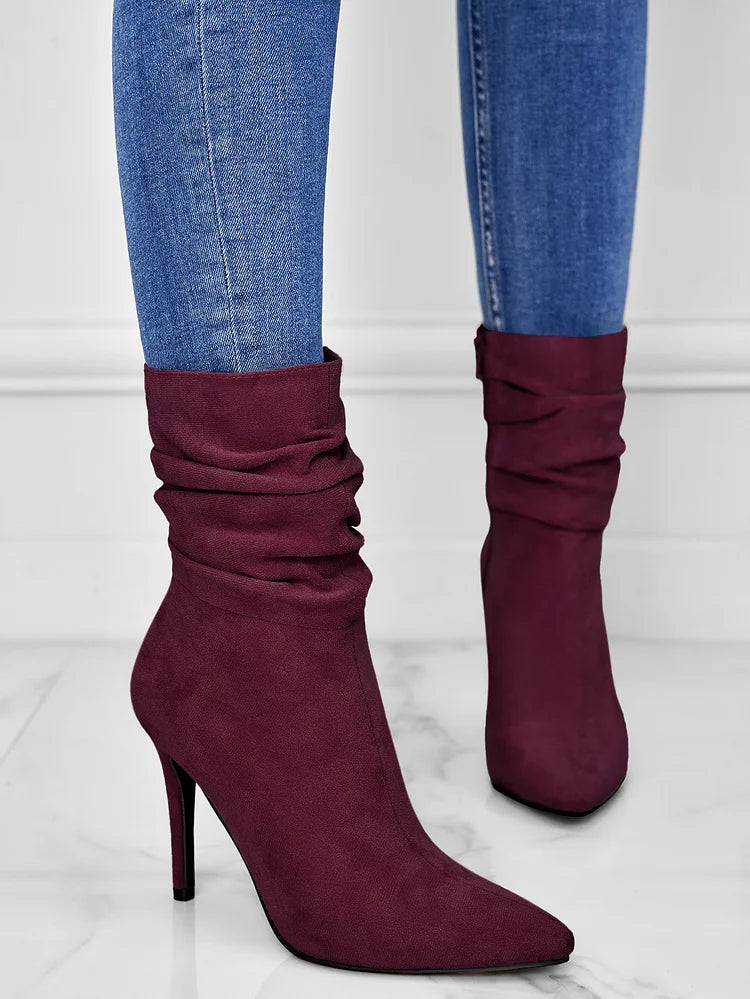 Elegante Spitzschuh Stiefeletten High Heels Samt Wildleder