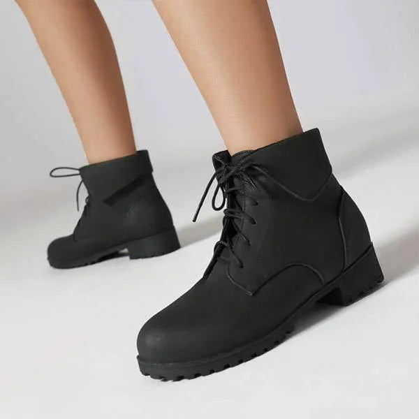 Damen Martin-Stiefel mit Umlegekragen und überkreuztem Patchwork-Schnürsystem