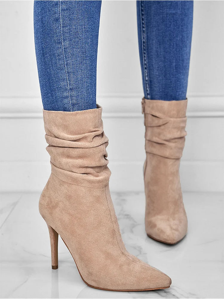 Elegante Spitzschuh Stiefeletten High Heels Samt Wildleder