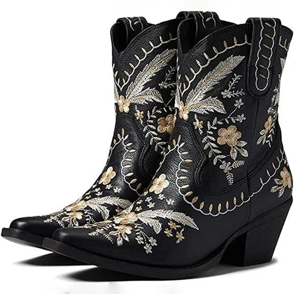 Damen-Stiefeletten mit dicker Sohle und Stickerei
