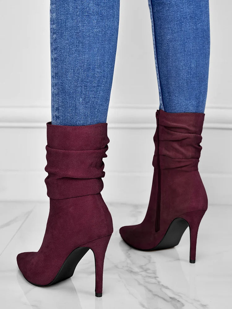 Elegante Spitzschuh Stiefeletten High Heels Samt Wildleder