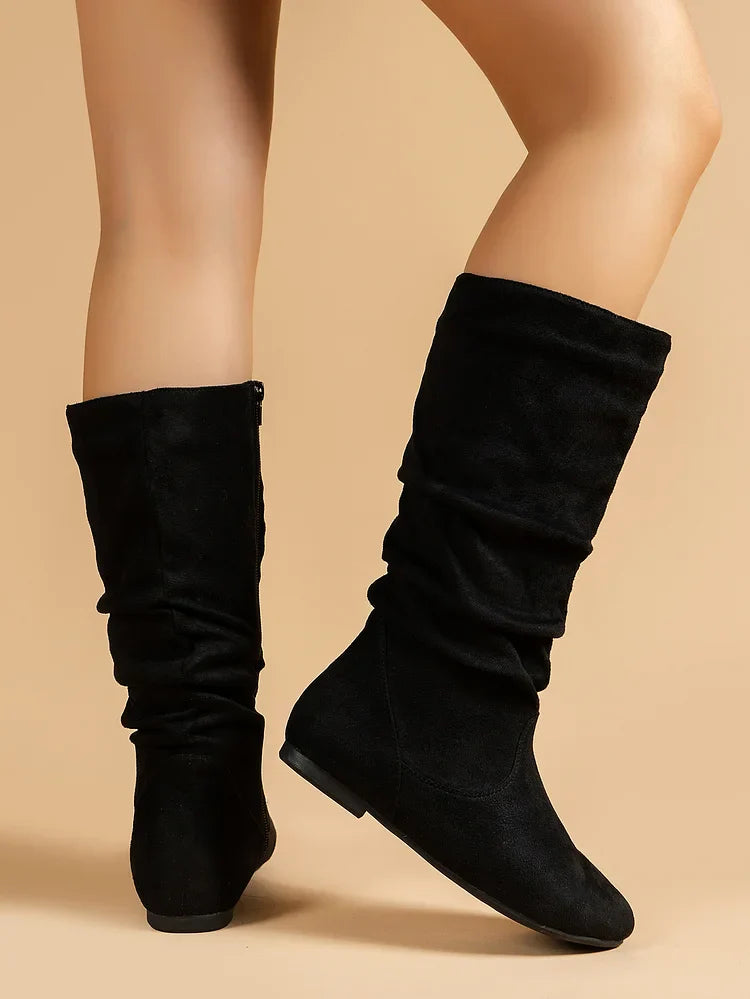 Damenstiefel Wildleder Plissee Flock Fuzzy Niedrige Stiefel für Damen Einfarbig Elegante Stiefel bis zur Mitte der Wade