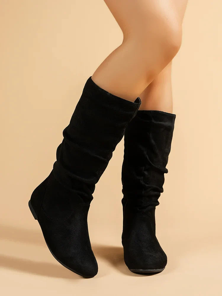 Damenstiefel Wildleder Plissee Flock Fuzzy Niedrige Stiefel für Damen Einfarbig Elegante Stiefel bis zur Mitte der Wade