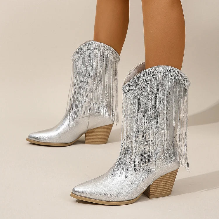 Silberne Cowboystiefel mit Fransen