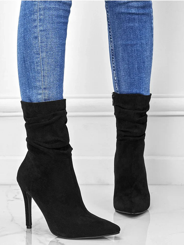 Elegante Spitzschuh Stiefeletten High Heels Samt Wildleder