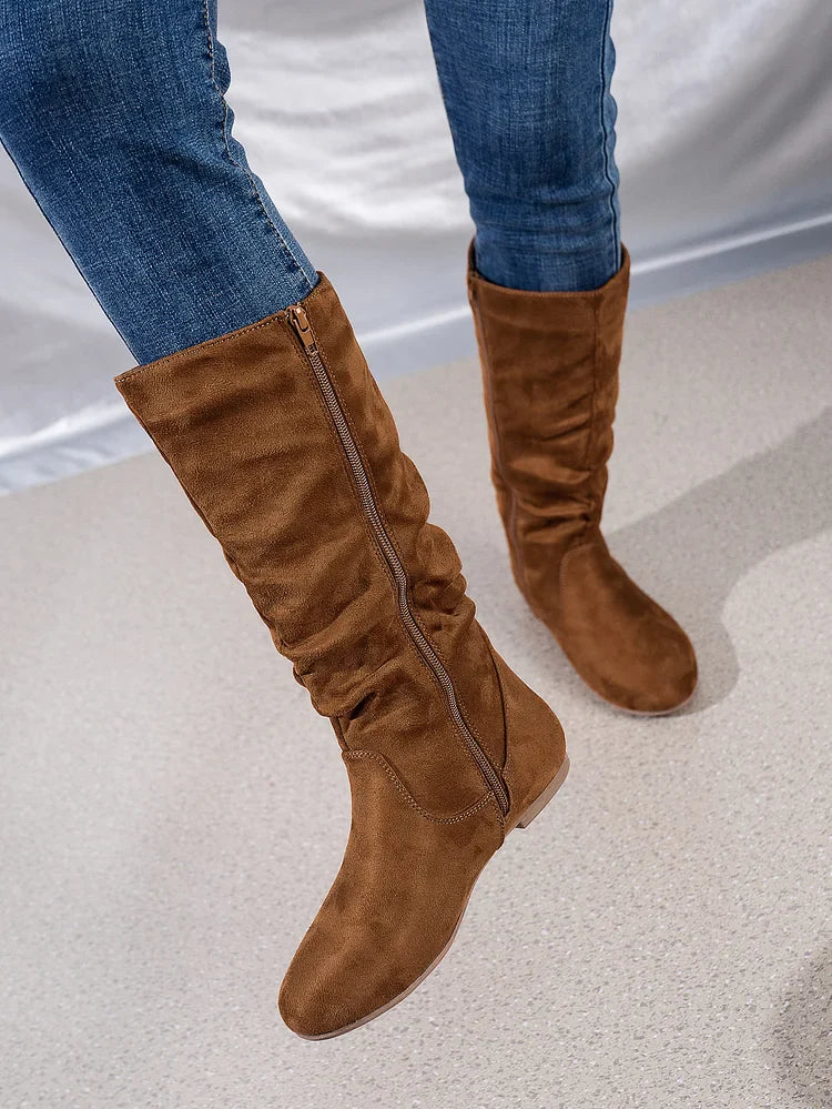 Damenstiefel Wildleder Plissee Flock Fuzzy Niedrige Stiefel für Damen Einfarbig Elegante Stiefel bis zur Mitte der Wade